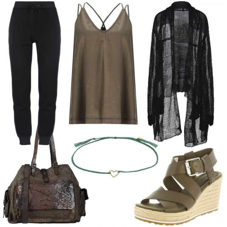 Outfit mujer - Top + cardigan. Estilo Étnico para Todos los días. Combinación con espadrillas, top, pantalone, maglioncino, bolsos, braccialetto oro.