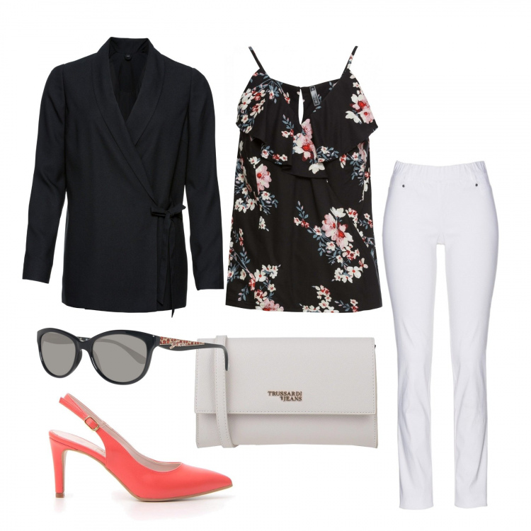 Outfit donna - Bon Ton #8741. Stile Bon Ton per Tutti i giorni. Abbinamento con pantaloni, top, blazer, borse a tracolla, occhiali da sole, décolleté.