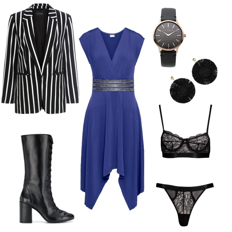 Outfit donna - Curvy comoda e sensuale. Stile Urban Abbinamento con blazer, vestiti, orecchini, orologi, perizomi, stivali.