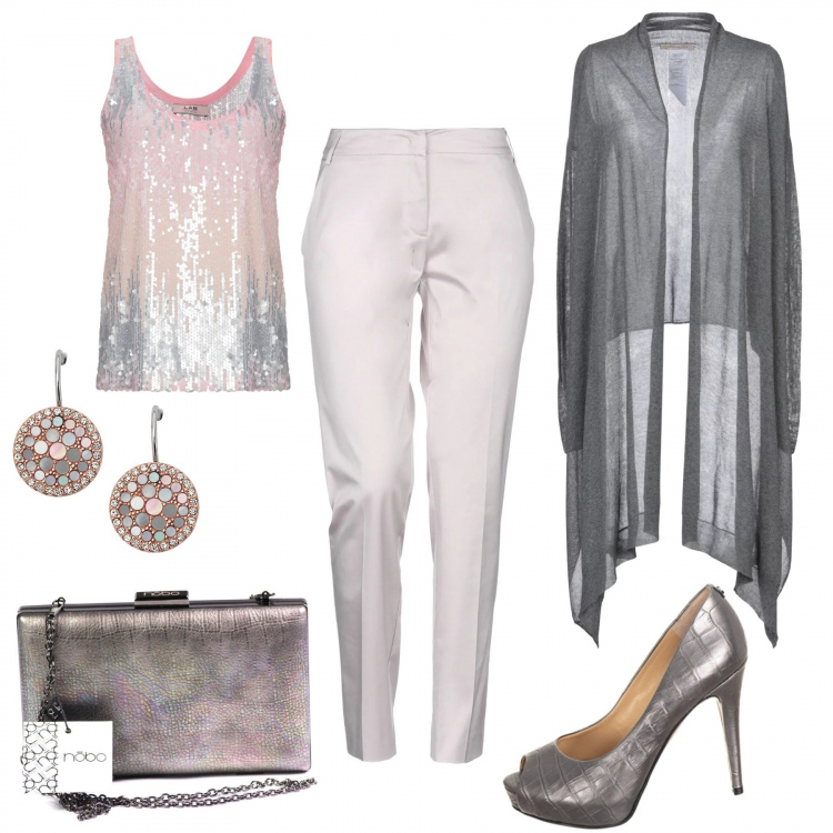 Outfit mujer - De fiesta. Estilo Chic para Noche/Fiesta elegante. Combinación con zapatos de tacón, clutch, top multicolore, maglioncino, pantalone in raso, pendientes.