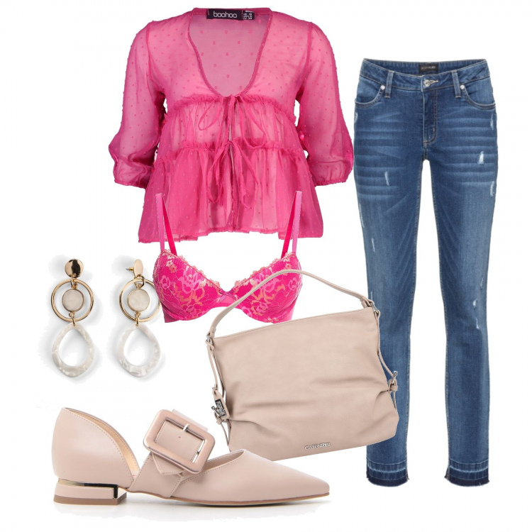 Outfit donna - In jeans. Stile Basic per Tutti i giorni. Abbinamento con borsa a mano, bikini, jeans skinny, orecchini, blusa, ballerine.