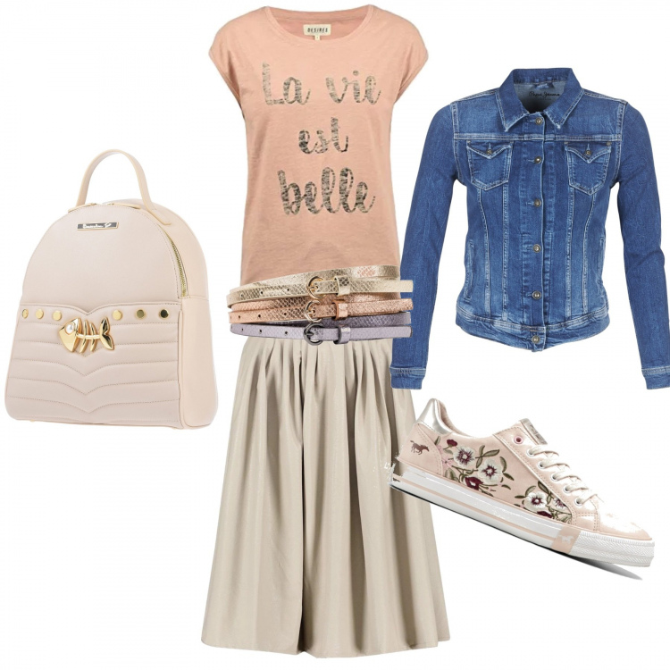 Outfit donna - Shopping in centro. Stile Urban per Tutti i giorni. Abbinamento con cinture, sneakers, zaino, gonna longuette, giacche, t-shirt.