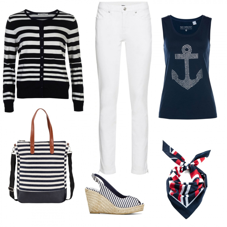 Outfit donna - Lo stile marinaro. Stile Trendy per Tutti i giorni. Abbinamento con jeans skinny, top, décolleté, shopping bag, foulard, cardigans.