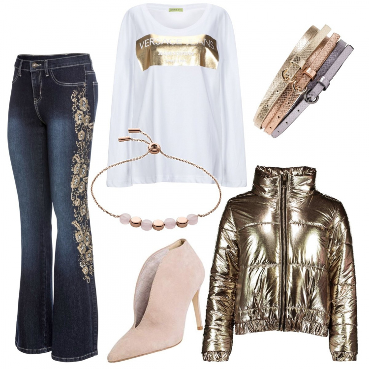 Outfit donna - Brillare con i jeans.... Stile Trendy per Serata fuori. Abbinamento con cinture, jeans bootcut, t-shirt, braccialetti, piumino, décolleté.
