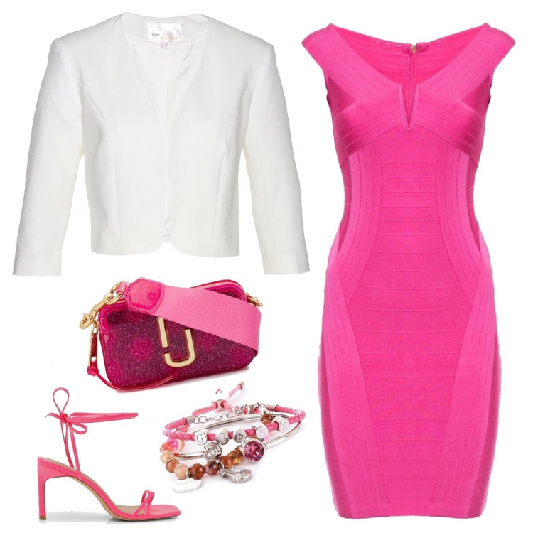 Outfit donna - Un abito che disegna la tua silhouette. Stile Trendy per Serata fuori. look ideale per Petite. Abbinamento con maglieria, sandali con tacco, braccialetti, borse a tracolla, vestiti.