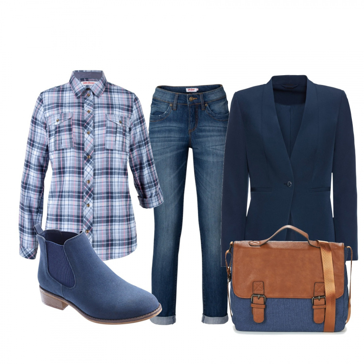Outfit donna - Basic #11337. Stile Basic per Scuola/Università. Abbinamento con blazer, camicie, jeans strappati, stivaletti chelsea, borsa a tracolla.