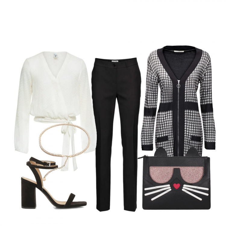 Outfit donna - Urban #8747. Stile Urban per Tutti i giorni. Abbinamento con pantaloni, maglieria, bluse, pantaloni a palazzo, scarpe col tacco, pochette.