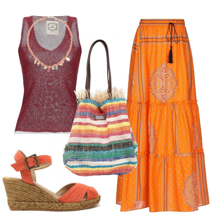 Outfit mujer - Hippie day. Estilo Étnico para Todos los días. Combinación con sandalias, faldas largas, top, bandolera, collares.