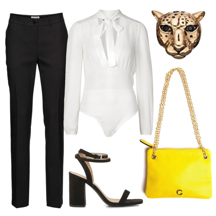 Outfit donna - Professionale con stile. Stile Chic per Ufficio. look ideale per Petite. Abbinamento con pantaloni, corpo, scarpe col tacco, ciondoli, borse.