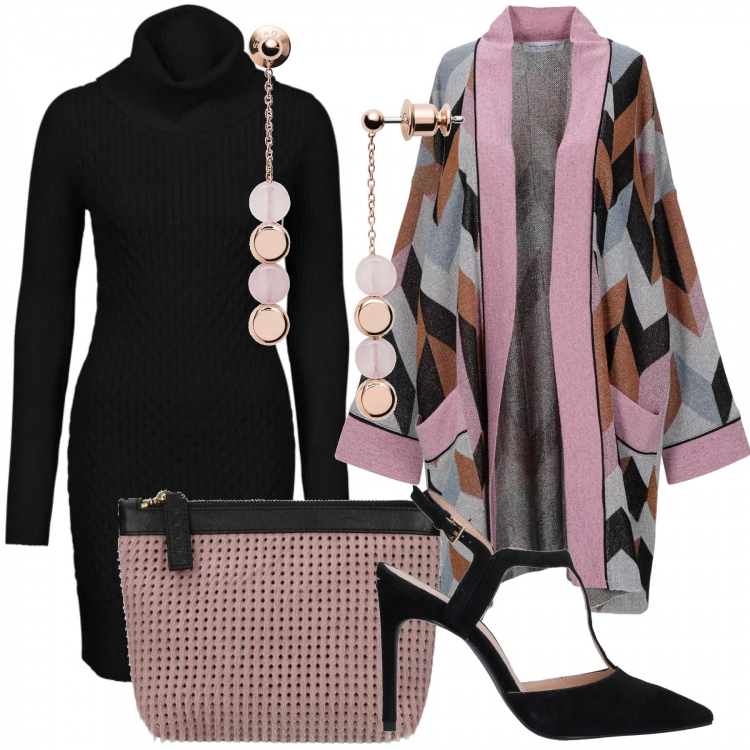 Outfit donna - Chic #10135. Stile Chic per Serata fuori. Abbinamento con vestiti, cardigan, décolleté, orecchini, pochette.