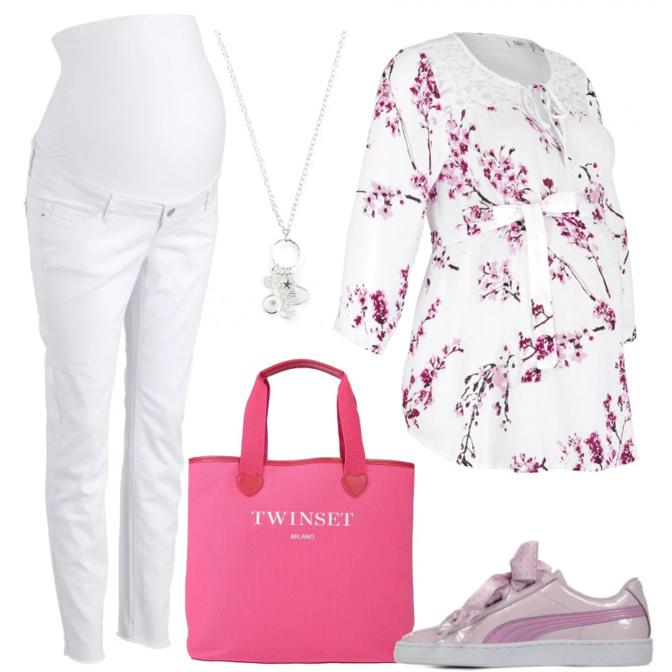 Outfit donna - Un tocco di rosa. Stile Basic per Tutti i giorni. look ideale per Premaman. Abbinamento con bluse, pantaloni, collana, borsa a mano, sneakers.