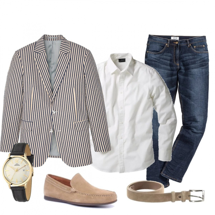 Outfit uomo - Call conference. Stile Casual per Ufficio. Abbinamento con jeans slim fit, camicie, giacche, scarpe stringate, cintura, orologi.