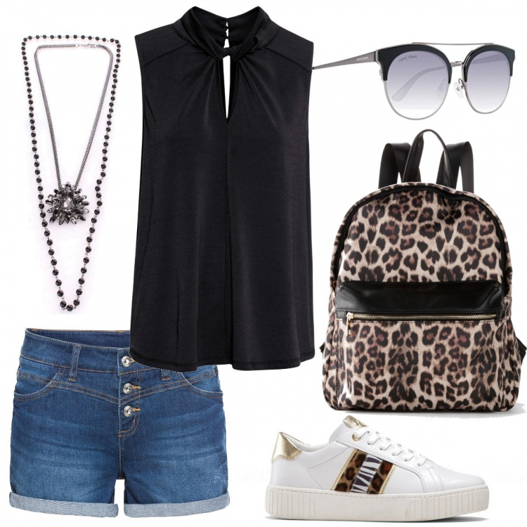 Outfit donna - Get the look: Kylie Jenner. Stile Urban per Tutti i giorni. Abbinamento con shorts, top, sneakers, zaini, collane, occhiali da sole.