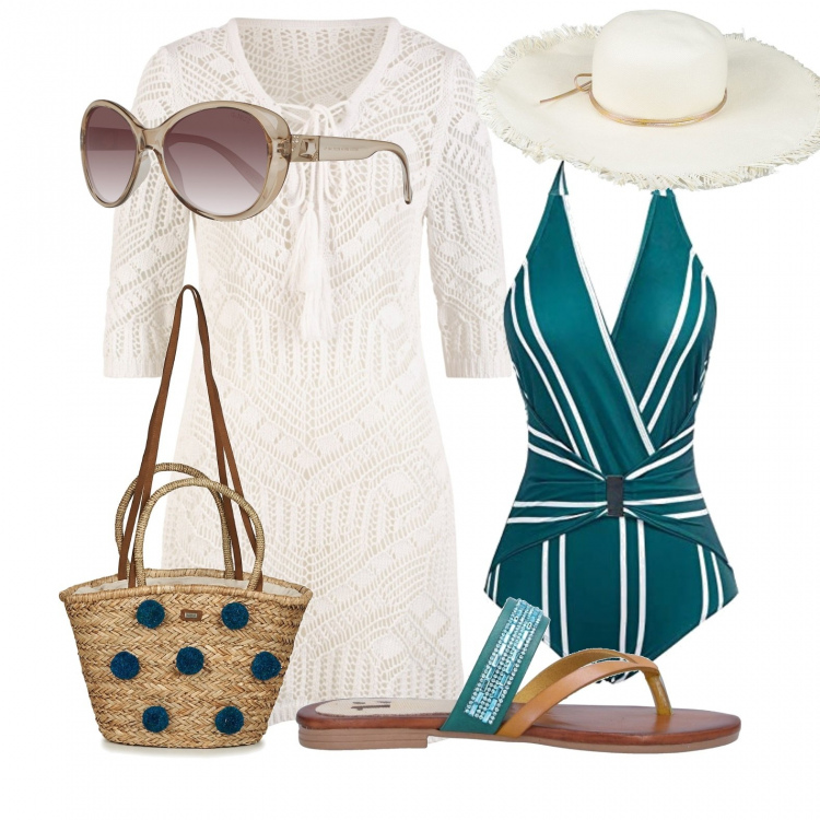 Outfit donna - Primo sole. Stile Chic per Mare. Abbinamento con vestiti da spiaggia, infradito, cappelli, borsa, costumi interi, occhiali da sole.