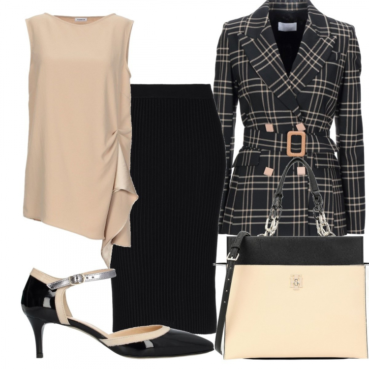 Outfit mujer - Cena de trabajo. Estilo Bon Ton para Oficina. Combinación con minifaldas, blazers, stiletti, top, bolsos de mano.
