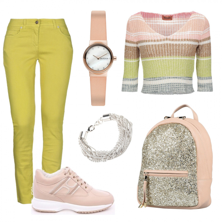 Outfit donna - Simply simple. Stile Basic per Tutti i giorni. Abbinamento con zaino, braccialetti, pullover, orologi, jeans dritti, sneakers.