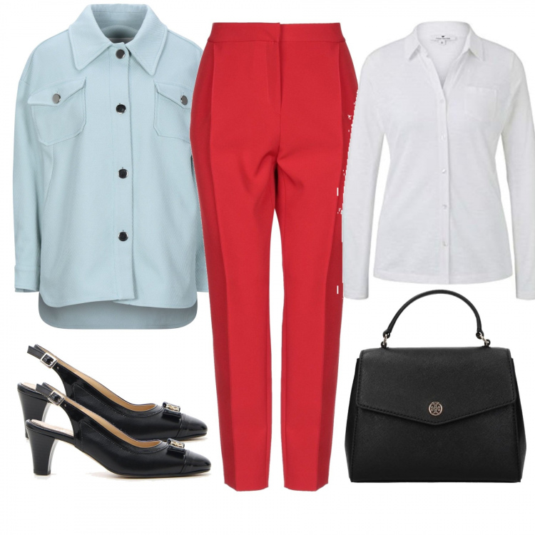 Outfit donna - Sempre impeccabile. Stile Bon Ton per Ufficio. Abbinamento con pantaloni lunghi, giacca, borsa a mano, décolleté, camicie.
