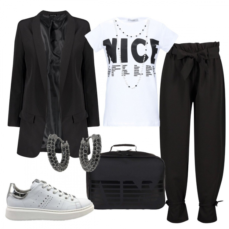 Outfit donna - Io lavoro da casa. Stile Trendy per Ufficio. Abbinamento con t-shirt, orecchini, pantalone lungo, blazer, sneakers, valigetta.