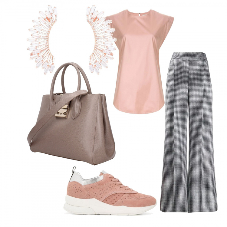 Outfit donna - Trendy #19209. Stile Trendy per Ufficio. Abbinamento con orecchini, borsa a mano, pantaloni, bluse, sneakers.
