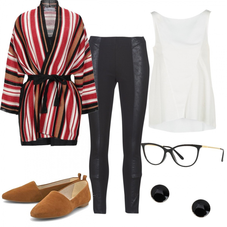 Outfit donna - Smart working con stile. Stile Trendy per Tutti i giorni. Abbinamento con cardigans, occhiali, orecchini, pantaloni, top, ballerine.