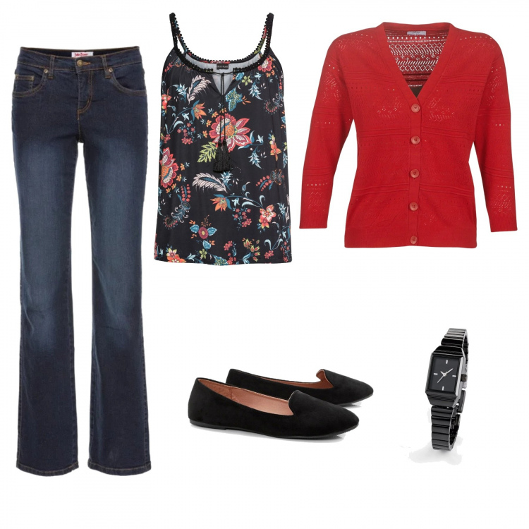 Outfit donna - Look da smart Worker. Stile Basic per Tutti i giorni. Abbinamento con jeans dritti, top, orologi, ballerine, gilet.
