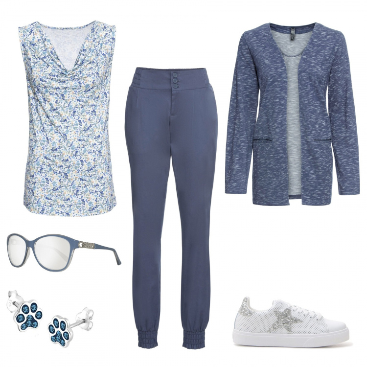 Outfit donna - Bella e professionale anche a casa. Stile Trendy per Tutti i giorni. Abbinamento con costumi interi, pantaloni, top, sneakers, occhiali da sole, orecchini.