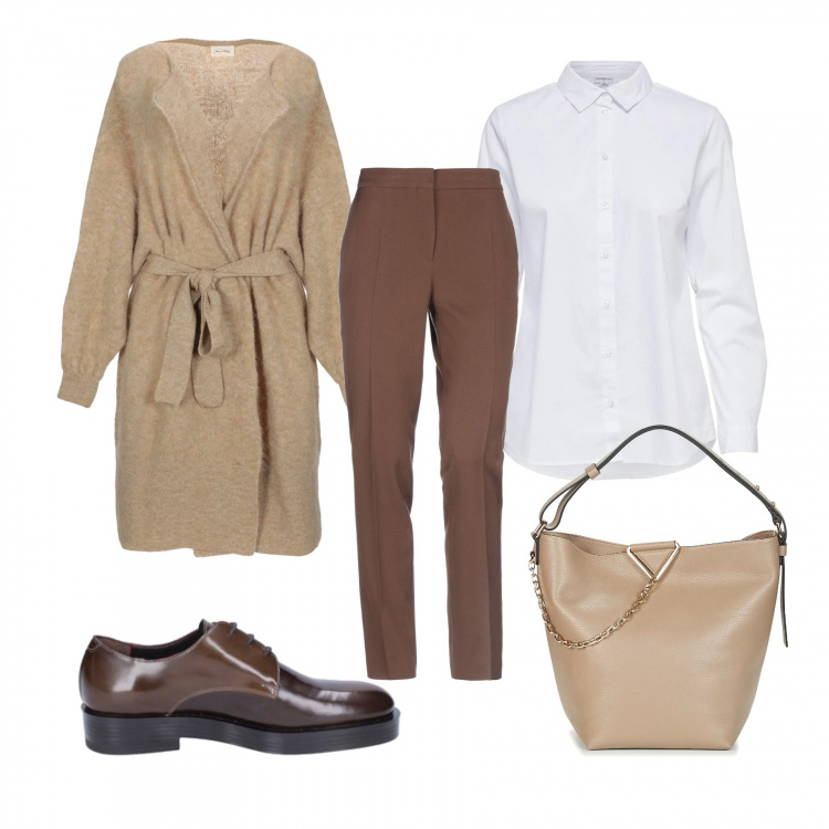Outfit donna - Trendy #19241. Stile Trendy per Ufficio. Abbinamento con cardigans, pantaloni, scarpe stringate, borsa a spalla, camicie.