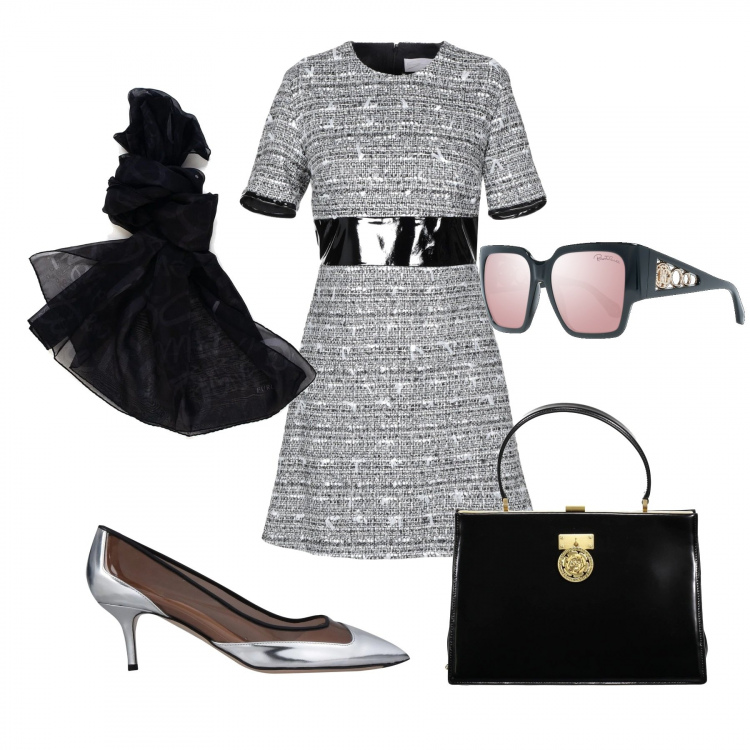 Outfit donna - Bon Ton #8982. Stile Bon Ton per Ufficio. Abbinamento con vestiti corti, décolleté, borse a mano, sciarpe, occhiali da sole nero.