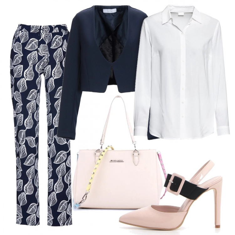 Outfit donna - In ufficio. Stile Chic per Ufficio. Abbinamento con giacca, pantaloni, camicie, borsa a spalla, décolleté.