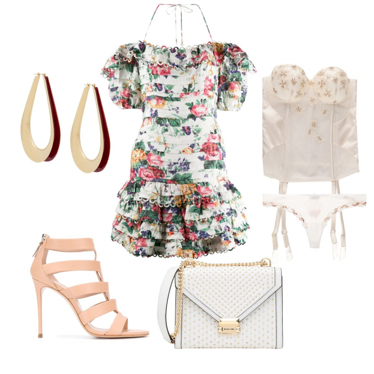 Outfit donna - Sexy #2733. Stile Sexy per Serata fuori. Abbinamento con perizoma, borse a tracolla, vestito corto, orecchini, sandali.