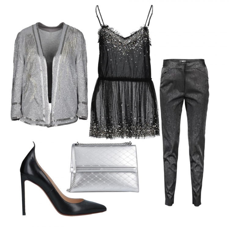 Outfit donna - Bon Ton #8983. Stile Bon Ton per Cerimonia. Abbinamento con top, blazer, décolleté, borse a spalla, pantaloni.