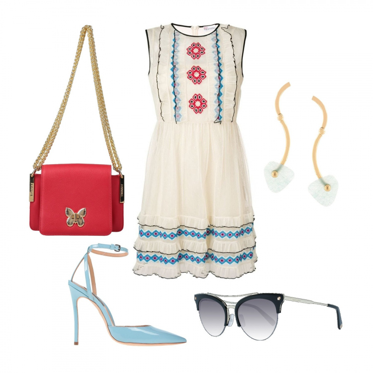 Outfit donna - Bon Ton #12070. Stile Bon Ton per Cerimonia. Abbinamento con borse a spalla, décolleté, vestito corto, orecchini, occhiali da sole.