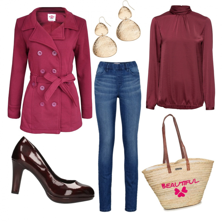Outfit donna - Trendy col cappotto fucsia!. Stile Trendy per Tutti i giorni. Abbinamento con jeggings, bluse, orecchini, décolleté, shopping bag, cappotti.