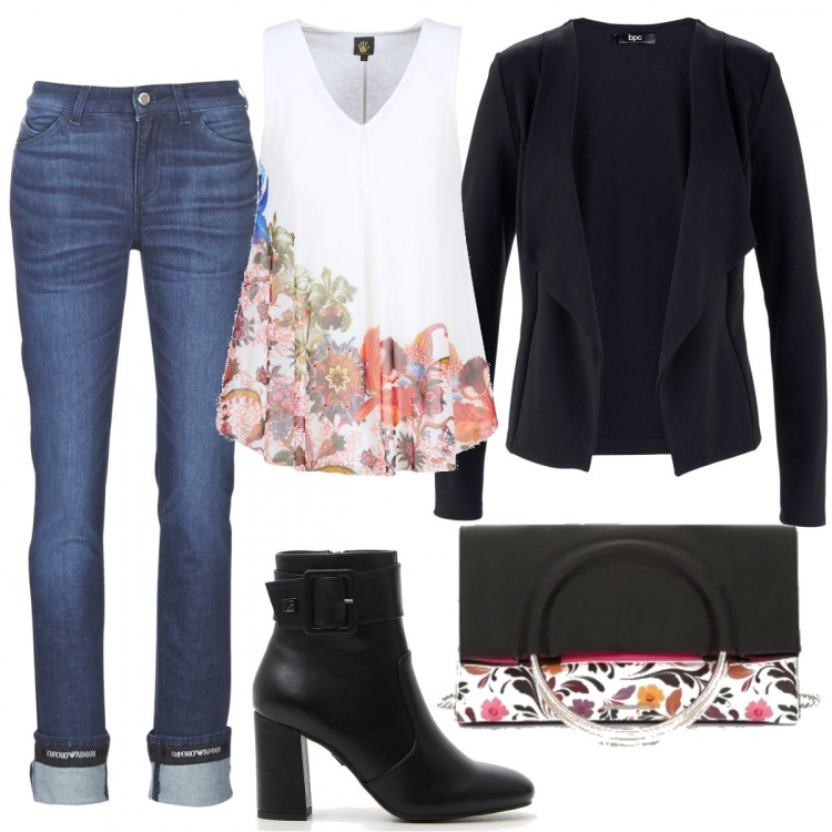 Outfit donna - Jeans con risvolto. Stile Trendy per Tutti i giorni. Abbinamento con blazer, top, jeans, borsa a mano, stivaletti.
