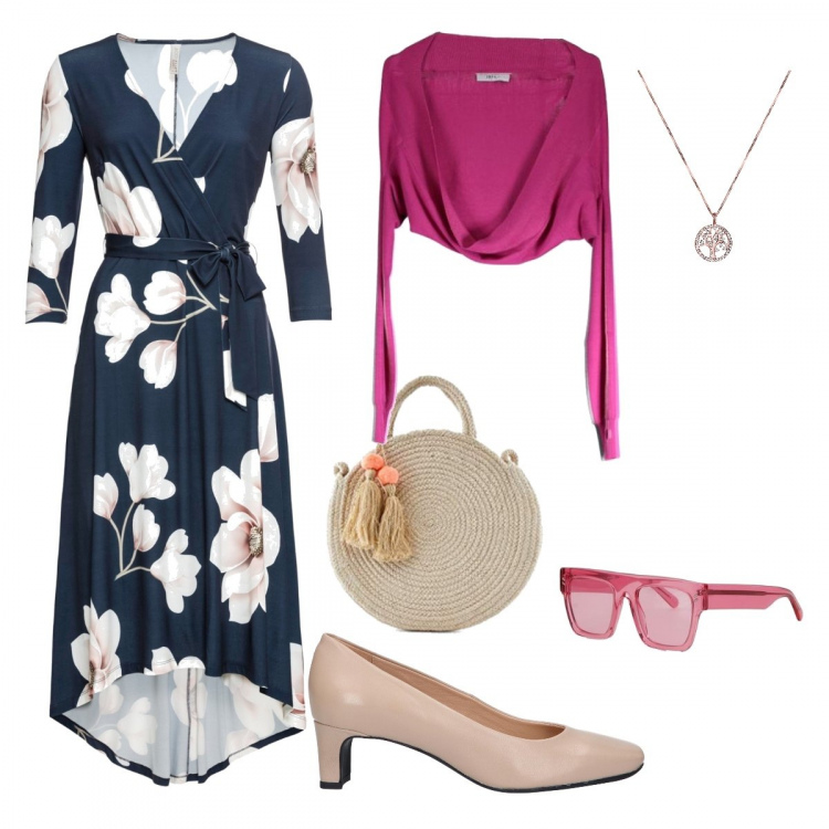 Outfit donna - Pomeriggio di Primavera. Stile Chic per Tutti i giorni. Abbinamento con vestiti lunghi, occhiali da sole, collana, bolero, scarpe col tacco, pochette.