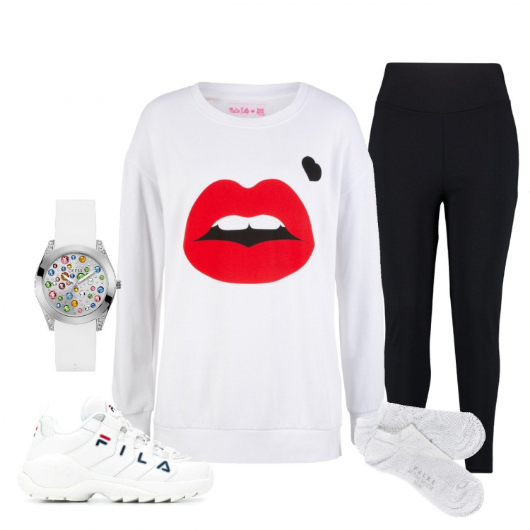 Outfit donna - Comodamente a casa. Stile Basic per Tutti i giorni. Abbinamento con pantaloni a palazzo, orologi, leggings, sneakers, scarpa sportiva.