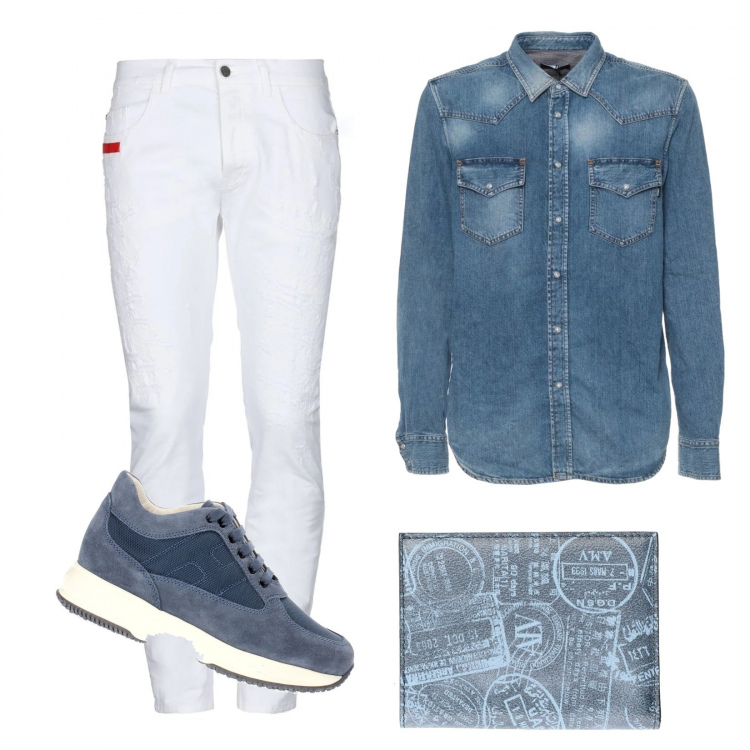Outfit uomo - Casual jeans. Stile Casual per Tutti i giorni. Abbinamento con sneakers, portafogli, pantaloni, camicia collo classico a maniche lunghe in denim con bottoni.
