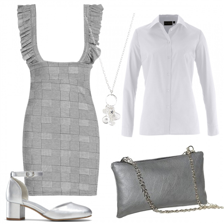 Outfit donna - Donna petite. Stile Trendy per Serata fuori. look ideale per Petite. Abbinamento con camicie, vestiti, collana, vestito, pochette.