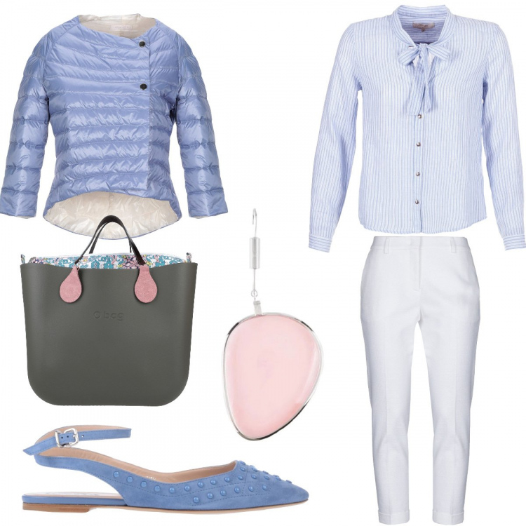 Outfit donna - Respiriamo primavera. Stile Chic per Tutti i giorni. look ideale per Tall. Abbinamento con ballerine, piumini, borsa a mano, orecchini, pantalone lungo, camicie.