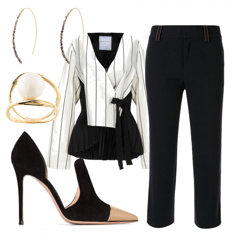 Outfit femme - Bon Ton #9016. Style Bon Ton pour Bureau. Assortir avec chemises, chaussures à talons, pantalons longs, bagues, boucles d'oreilles.