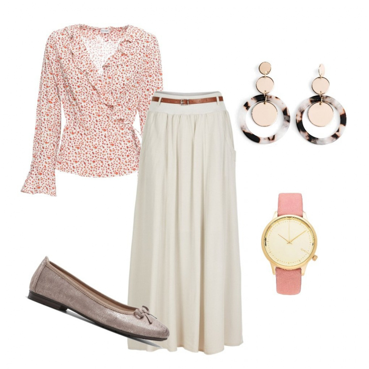 Outfit femme - Télétravail. Style Basique pour Bureau. Assortir avec jupes longues, pantalon cargo, boucles d'oreilles, ballerines et chaussures plates, montres.