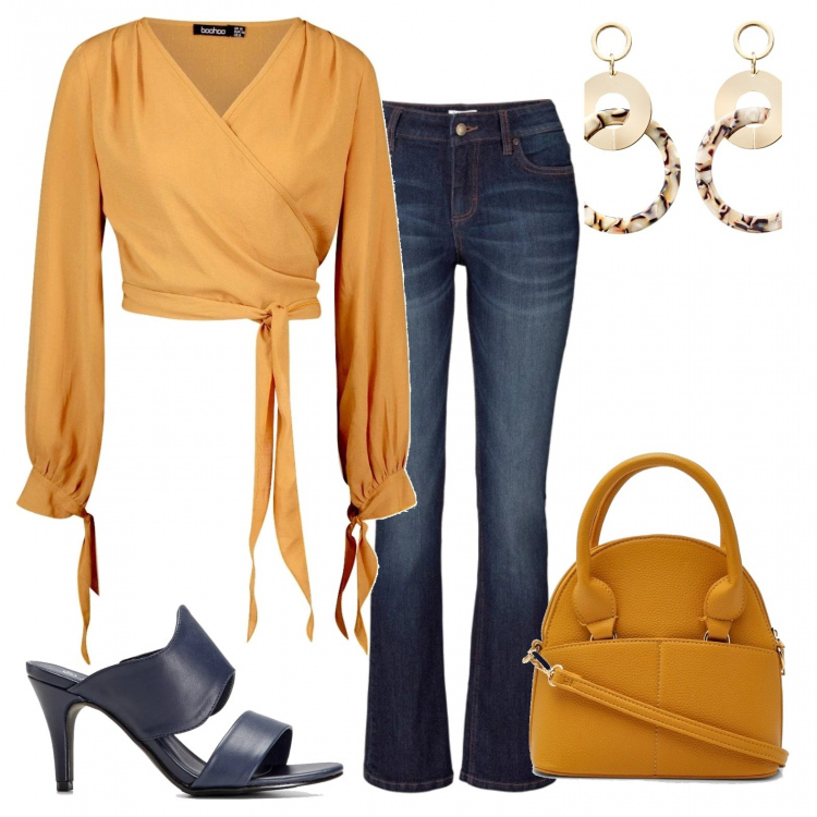 Outfit donna - Trendy. Stile Trendy per Tutti i giorni. Abbinamento con jeans bootcut, pantofole, orecchini, camicia, borsa a tracolla effetto testurizzato senape.