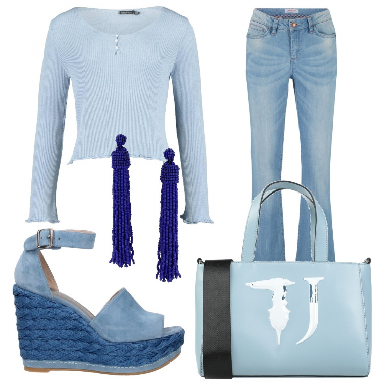 Outfit donna - Trendy #19399. Stile Trendy per Tutti i giorni. Abbinamento con jeans bootcut, borse a mano, orecchini, top con volant a coste in in maglia con bottoni blu, sandali.