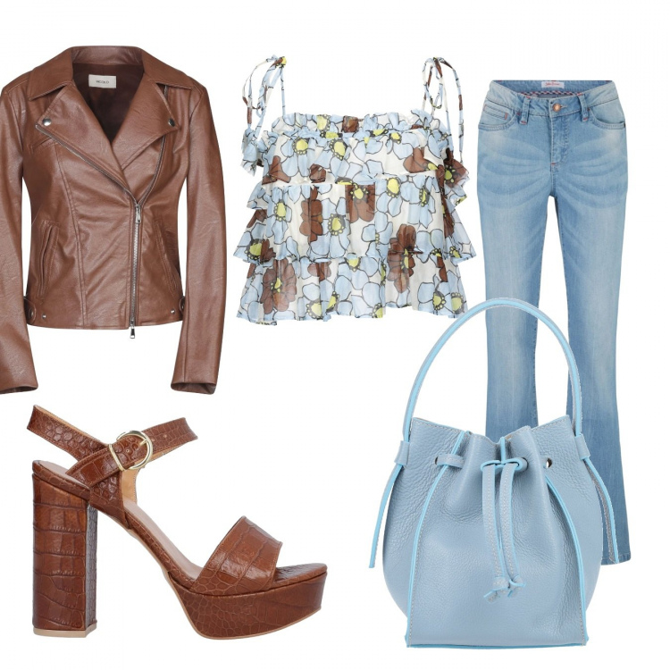 Outfit donna - Trendy #19407. Stile Trendy per Tutti i giorni. Abbinamento con jeans bootcut, borse a mano, top, sandali col tacco, cappotti.