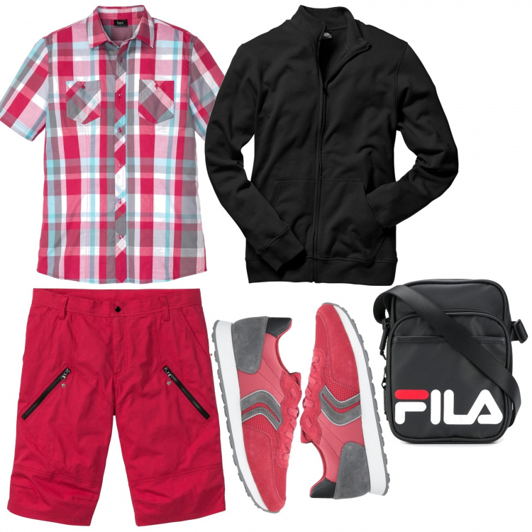 Outfit homme - Rouge de bonheur. Style Tendance pour Tous les jours. Assortir avec pantalons courts et shorts, sweats, chemises, sacs et sacs-à-dos, sneakers.