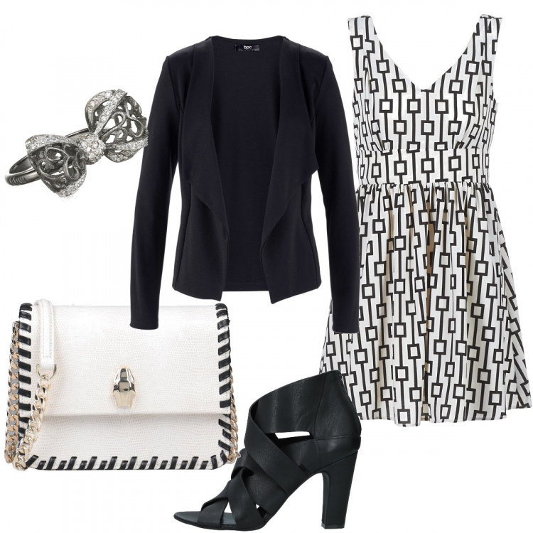 Outfit donna - Trendy #19481. Stile Trendy per Serata fuori. Abbinamento con blazer, stivaletti, borse a spalla, vestiti corti, anelli.