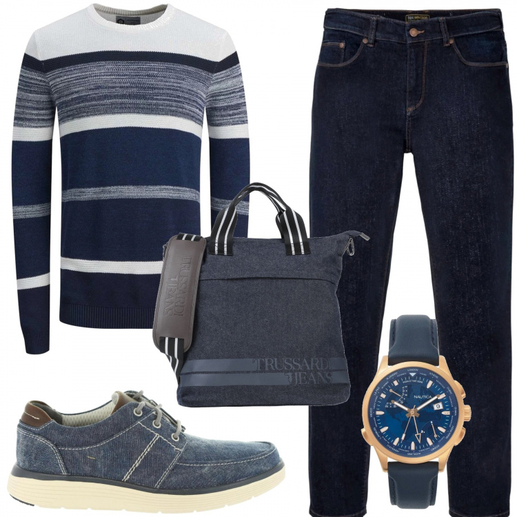 Outfit uomo - Casual #5549. Stile Casual per Serata speciale. Abbinamento con jeans dritti, borsa a tracolla, maglione, scarpe stringate, orologi.