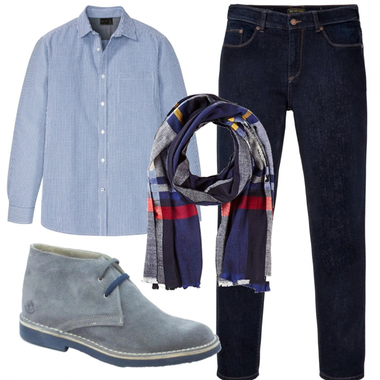 Outfit uomo - Casual #5556. Stile Casual per Tutti i giorni. Abbinamento con jeans dritti, camicia a maniche lunghe blu, stivaletti, sciarpa a quadri blu.