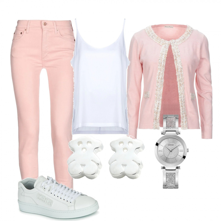 Outfit mujer - Basic #11857. Estilo Basic para Oficina. Combinación con sneakers, jerséis, pendientes, vaqueros, reloj, top.