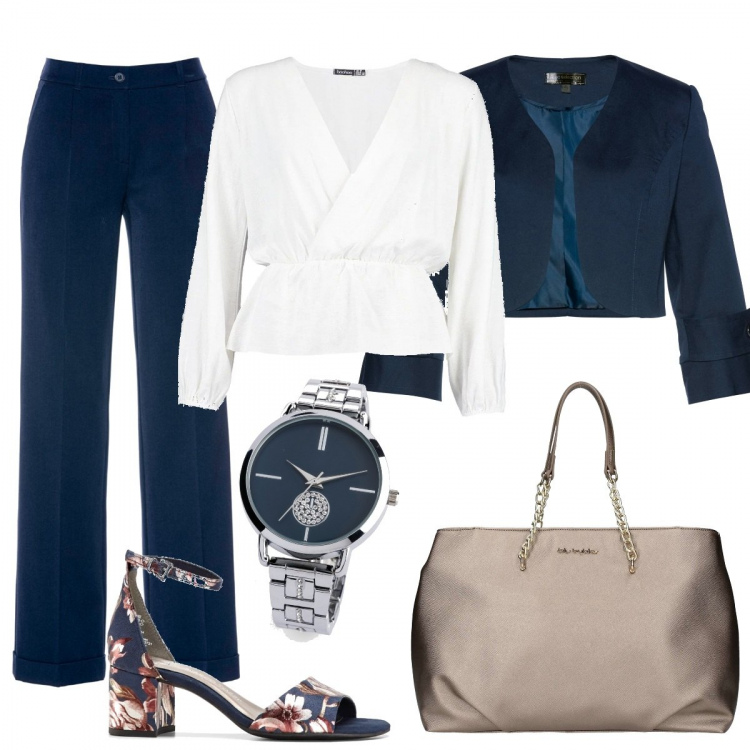 Outfit donna - Sandali in fiore. Stile Basic per Ufficio. Abbinamento con pantaloni, sandali col tacco, bolero, orologio, camicia, borsa a mano.